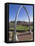 Whalebone Arch on Seafront, with Whitby Abbey Ruin in Distance, Whitby, Yorkshire-Neale Clarke-Framed Stretched Canvas