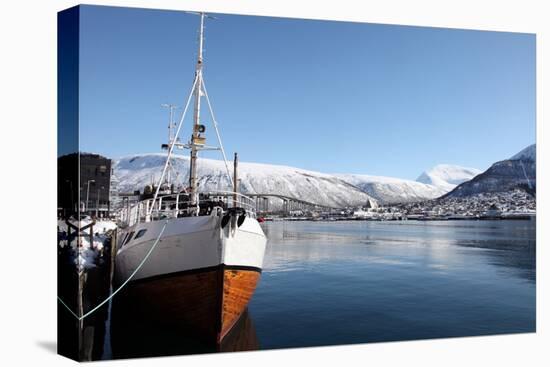 Whaler in Tromso Harbour with the Bridge and Cathedral in Background-David Lomax-Stretched Canvas