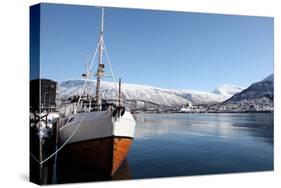 Whaler in Tromso Harbour with the Bridge and Cathedral in Background-David Lomax-Stretched Canvas