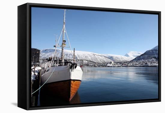 Whaler in Tromso Harbour with the Bridge and Cathedral in Background-David Lomax-Framed Stretched Canvas