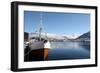 Whaler in Tromso Harbour with the Bridge and Cathedral in Background-David Lomax-Framed Photographic Print