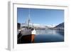 Whaler in Tromso Harbour with the Bridge and Cathedral in Background-David Lomax-Framed Photographic Print