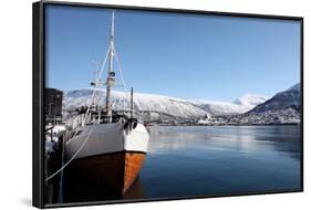 Whaler in Tromso Harbour with the Bridge and Cathedral in Background-David Lomax-Framed Photographic Print