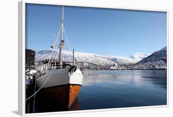 Whaler in Tromso Harbour with the Bridge and Cathedral in Background-David Lomax-Framed Photographic Print