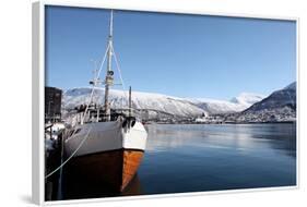 Whaler in Tromso Harbour with the Bridge and Cathedral in Background-David Lomax-Framed Photographic Print