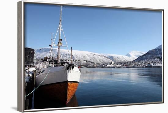 Whaler in Tromso Harbour with the Bridge and Cathedral in Background-David Lomax-Framed Photographic Print