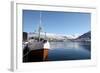 Whaler in Tromso Harbour with the Bridge and Cathedral in Background-David Lomax-Framed Photographic Print