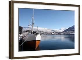 Whaler in Tromso Harbour with the Bridge and Cathedral in Background-David Lomax-Framed Photographic Print