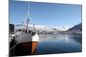 Whaler in Tromso Harbour with the Bridge and Cathedral in Background-David Lomax-Mounted Photographic Print