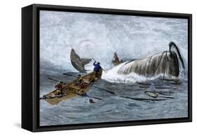 Whalers in Longboats Lancing a Whale with Harpoons, 1800s-null-Framed Stretched Canvas