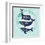 Whales are Cute. Awesome Whales on Marine Background with Floral Wreath in Vector. Lovely Childish-smilewithjul-Framed Art Print