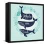 Whales are Cute. Awesome Whales on Marine Background with Floral Wreath in Vector. Lovely Childish-smilewithjul-Framed Stretched Canvas