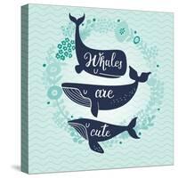 Whales are Cute. Awesome Whales on Marine Background with Floral Wreath in Vector. Lovely Childish-smilewithjul-Stretched Canvas