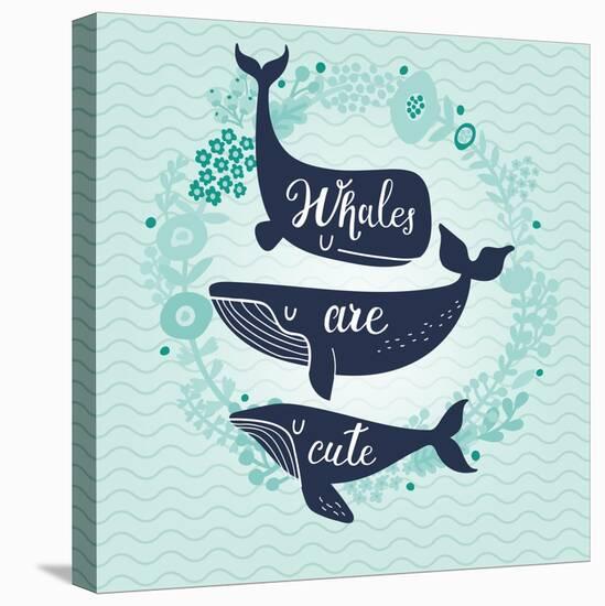 Whales are Cute. Awesome Whales on Marine Background with Floral Wreath in Vector. Lovely Childish-smilewithjul-Stretched Canvas