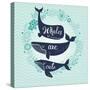 Whales are Cute. Awesome Whales on Marine Background with Floral Wreath in Vector. Lovely Childish-smilewithjul-Stretched Canvas