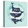 Whales are Cute. Awesome Whales on Marine Background with Floral Wreath in Vector. Lovely Childish-smilewithjul-Stretched Canvas