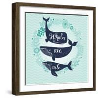 Whales are Cute. Awesome Whales on Marine Background with Floral Wreath in Vector. Lovely Childish-smilewithjul-Framed Art Print