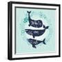Whales are Cute. Awesome Whales on Marine Background with Floral Wreath in Vector. Lovely Childish-smilewithjul-Framed Art Print