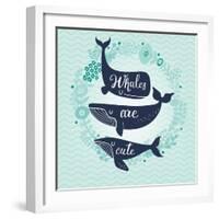 Whales are Cute. Awesome Whales on Marine Background with Floral Wreath in Vector. Lovely Childish-smilewithjul-Framed Art Print