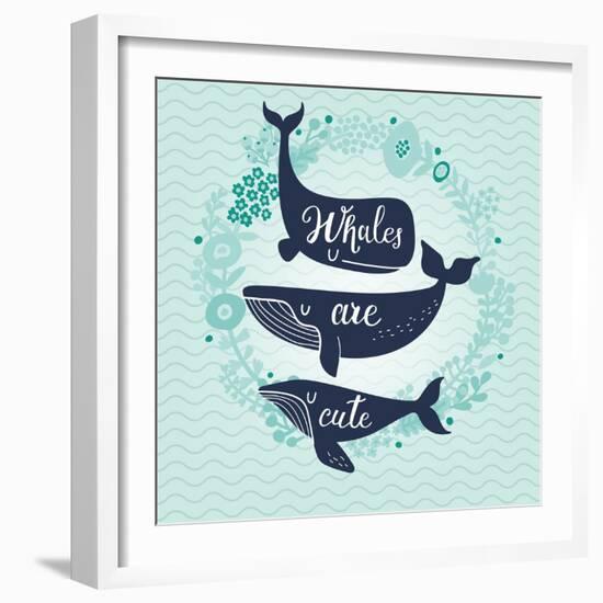 Whales are Cute. Awesome Whales on Marine Background with Floral Wreath in Vector. Lovely Childish-smilewithjul-Framed Art Print