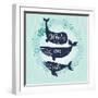 Whales are Cute. Awesome Whales on Marine Background with Floral Wreath in Vector. Lovely Childish-smilewithjul-Framed Art Print