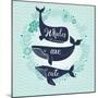 Whales are Cute. Awesome Whales on Marine Background with Floral Wreath in Vector. Lovely Childish-smilewithjul-Mounted Art Print