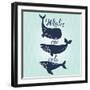 Whales are Cute. Awesome Whales on Marine Background with Waves in Vector. Lovely Childish Card in-smilewithjul-Framed Art Print