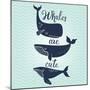 Whales are Cute. Awesome Whales on Marine Background with Waves in Vector. Lovely Childish Card in-smilewithjul-Mounted Art Print