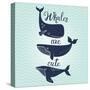 Whales are Cute. Awesome Whales on Marine Background with Waves in Vector. Lovely Childish Card in-smilewithjul-Stretched Canvas