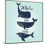 Whales are Cute. Awesome Whales on Marine Background with Waves in Vector. Lovely Childish Card in-smilewithjul-Mounted Art Print