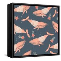 Whales in Sweaters on Star Background-Maria Sem-Framed Stretched Canvas