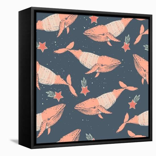 Whales in Sweaters on Star Background-Maria Sem-Framed Stretched Canvas