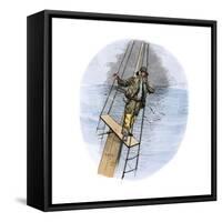 Whaling Schooner Lookout Calling, "There She Blows!"-null-Framed Stretched Canvas