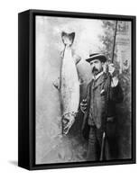 What a Whopper! a Victorian Gentleman Stands Proudly Next to the Salmon He Has Caught-null-Framed Stretched Canvas