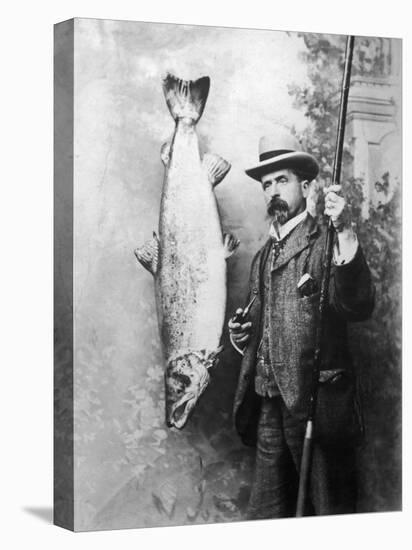 What a Whopper! a Victorian Gentleman Stands Proudly Next to the Salmon He Has Caught-null-Stretched Canvas