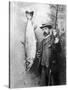 What a Whopper! a Victorian Gentleman Stands Proudly Next to the Salmon He Has Caught-null-Stretched Canvas