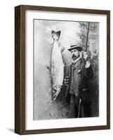 What a Whopper! a Victorian Gentleman Stands Proudly Next to the Salmon He Has Caught-null-Framed Photographic Print