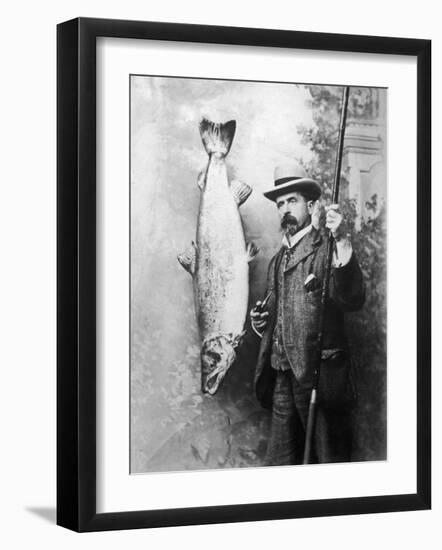 What a Whopper! a Victorian Gentleman Stands Proudly Next to the Salmon He Has Caught-null-Framed Photographic Print