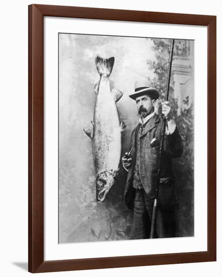 What a Whopper! a Victorian Gentleman Stands Proudly Next to the Salmon He Has Caught-null-Framed Photographic Print