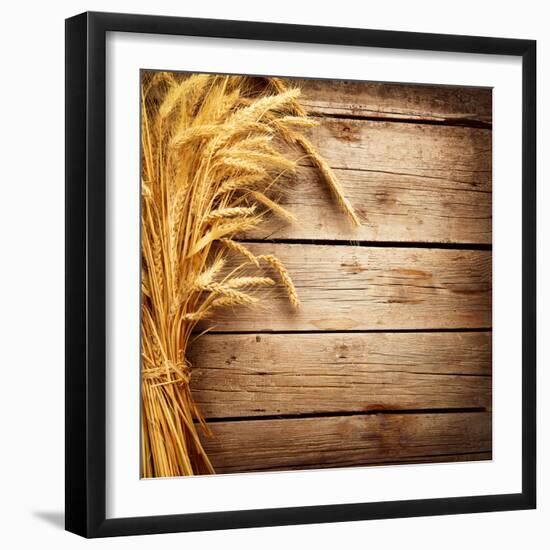 Wheat Ears on the Wooden Table, Sheaf of Wheat over Wood Background-Subbotina Anna-Framed Photographic Print