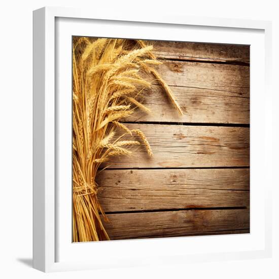 Wheat Ears on the Wooden Table, Sheaf of Wheat over Wood Background-Subbotina Anna-Framed Photographic Print