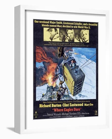 Where Eagles Dare, Top L-R: Richard Burton, Clint Eastwood, Mary Ure on Poster Art, 1968-null-Framed Art Print