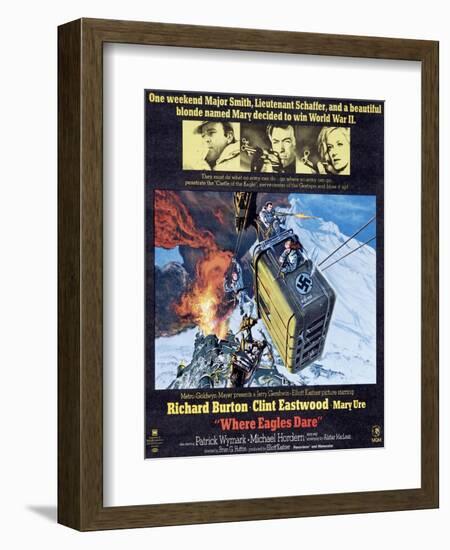 Where Eagles Dare, Top L-R: Richard Burton, Clint Eastwood, Mary Ure on Poster Art, 1968-null-Framed Art Print