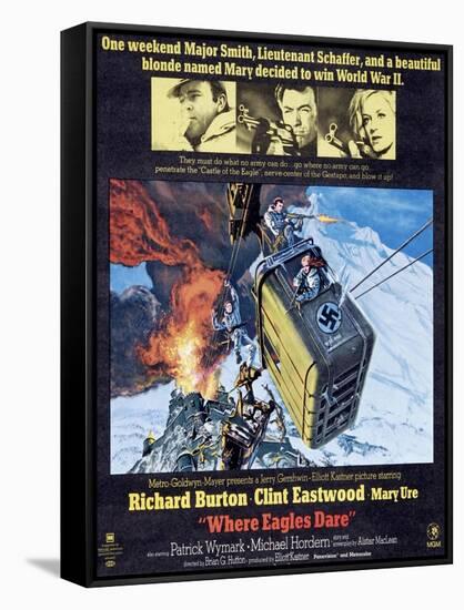 Where Eagles Dare, Top L-R: Richard Burton, Clint Eastwood, Mary Ure on Poster Art, 1968-null-Framed Stretched Canvas