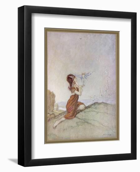 While a Girl is Playing with Fairies One of Them Perches on Her Finger-Claude Sheperson-Framed Art Print
