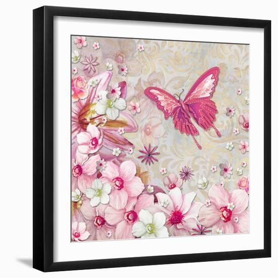 Whimsical Butterfly Pink Flowers-Megan Aroon Duncanson-Framed Art Print