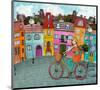 Whimsical City & Bicycle Girl-null-Mounted Art Print