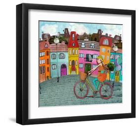 Whimsical City & Bicycle Girl-null-Framed Art Print