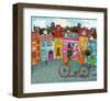 Whimsical City & Bicycle Girl-null-Framed Art Print