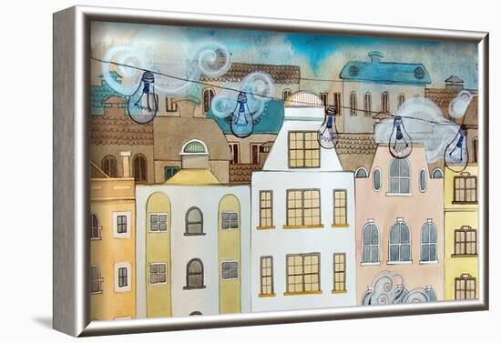 Whimsical City & Light Bulbs-null-Framed Art Print